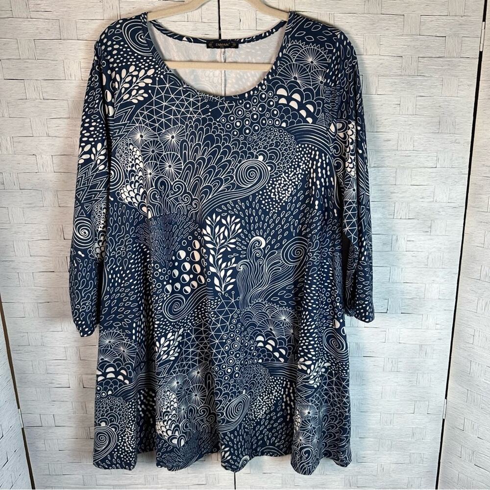 Enmain women’s 3/4 sleeve tunic‎ top of blue & cream bohemian hippie plus size